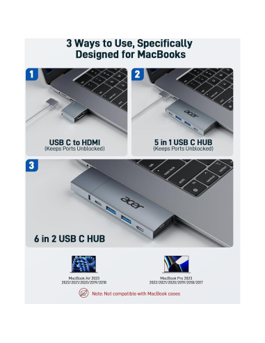 Hub USB-C Acer 6 en 2 para MacBook Pro/Air M1 M2 M3 4K