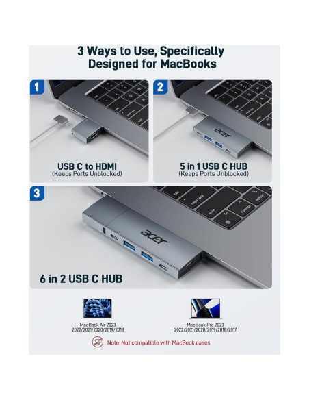 Hub USB-C Acer 6 en 2 para MacBook Pro/Air M1 M2 M3 4K