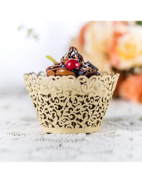60 Fundas de Cupcake Marfil YOZATIA - Encaje Cortado con Láser