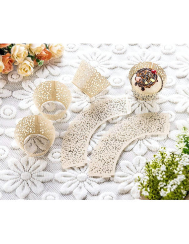 60 Fundas de Cupcake Marfil YOZATIA - Encaje Cortado con Láser