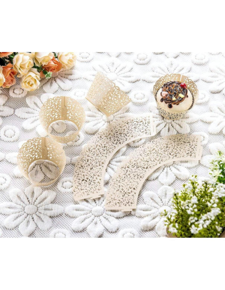 60 Fundas de Cupcake Marfil YOZATIA - Encaje Cortado con Láser