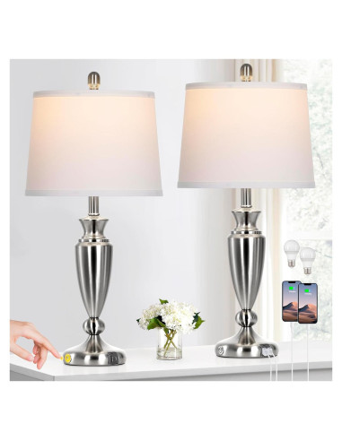 Juego de 2 Lámparas de Mesa Rinweey Plata con USB y Táctil