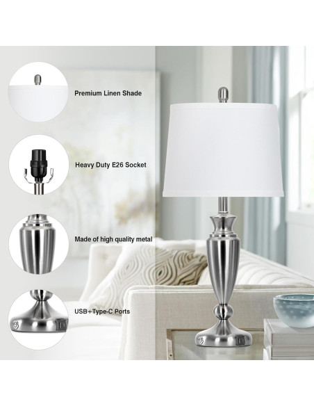 Juego de 2 Lámparas de Mesa Rinweey Plata con USB y Táctil