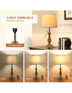 Lámpara de Mesa Estilo Granja LALISU Regulable 3-Vías con USB 2