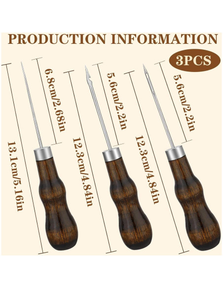 Kit de Agujas de Coser de Cuero ZXIIXZ - 3 Pcs con Mango de Madera