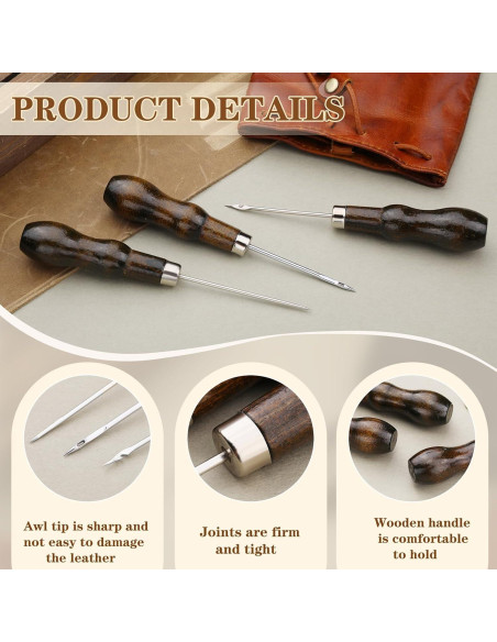 Kit de Agujas de Coser de Cuero ZXIIXZ - 3 Pcs con Mango de Madera