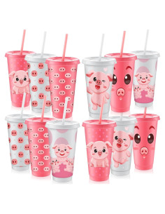 Vasos de Cerdo Nezyo 12 Pcs Reutilizables 710 ml con Pajitas