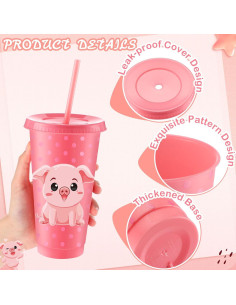 Vasos de Cerdo Nezyo 12 Pcs Reutilizables 710 ml con Pajitas 2