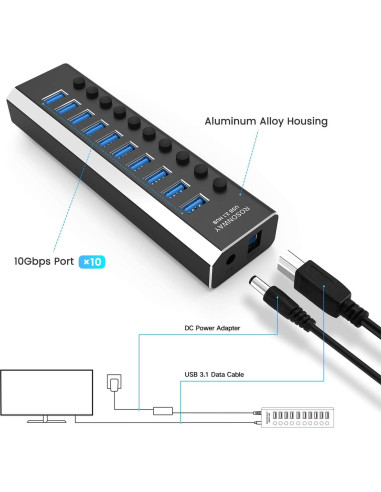 Hub USB 3.1 Rosonway 10 Puertos 10Gbps Alimentado 36W
