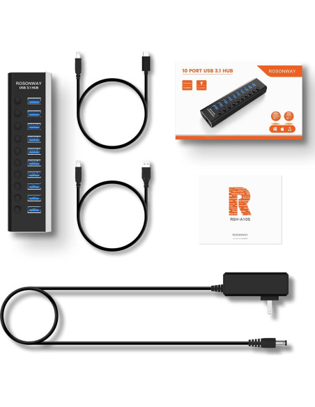 Hub USB 3.1 Rosonway 10 Puertos 10Gbps Alimentado 36W