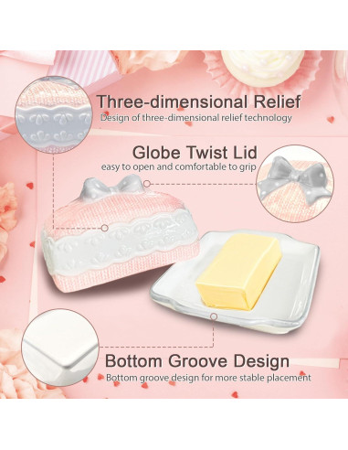 Plato de Mantequilla Cerámica Rosa con Tapa Diseño 3D Happy Will