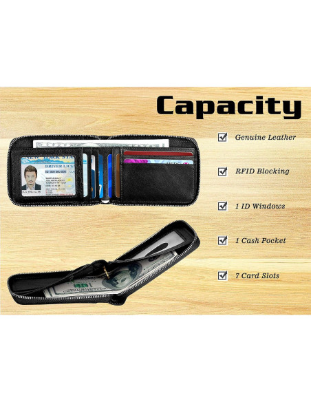 Billetera de Cuero Bifold Admetus con Cierre y Bloqueo RFID