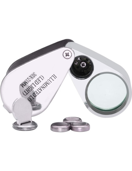 Lupa Beileshi 30x con LED, metálica y óptica, estuche