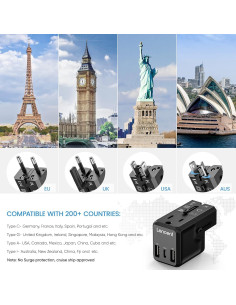 Adaptador de corriente de viaje LENCENT G63, 4 puertos USB, 17W 2