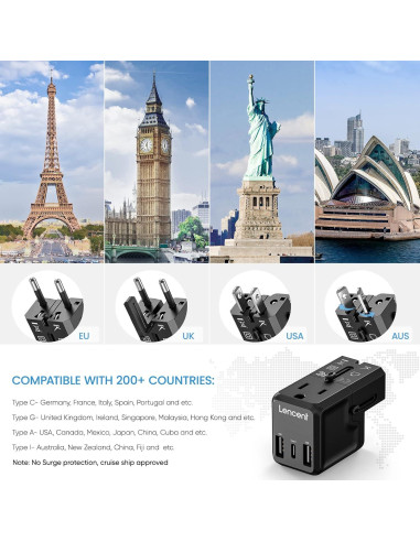 Adaptador de corriente de viaje LENCENT G63, 4 puertos USB, 17W