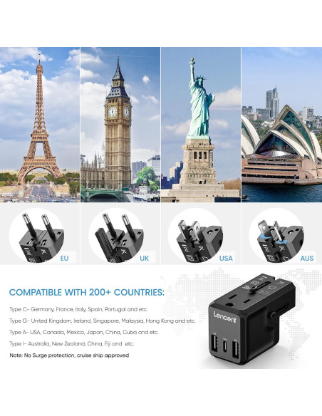 Adaptador de corriente de viaje LENCENT G63, 4 puertos USB, 17W