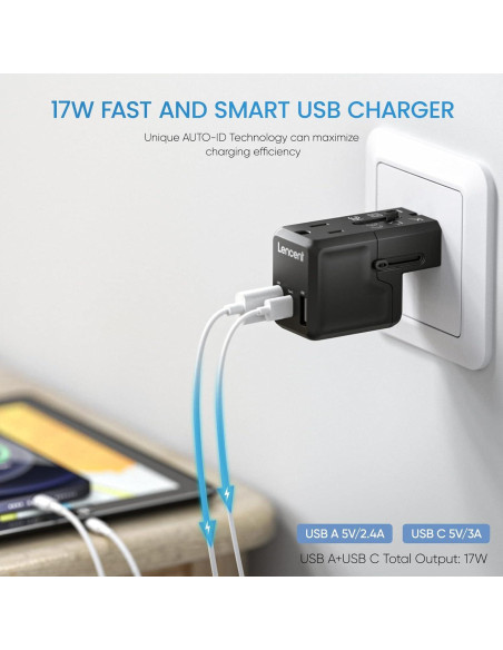 Adaptador de corriente de viaje LENCENT G63, 4 puertos USB, 17W