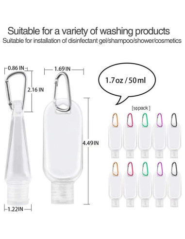 10 Botellas de Viaje JINEN 50ml a Prueba de Fugas con Llavero