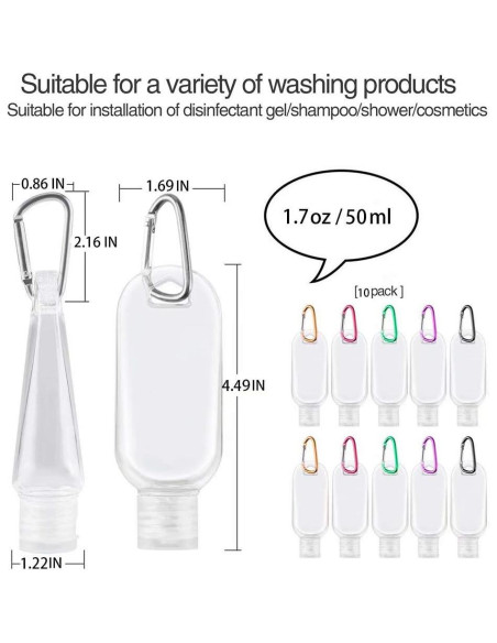 10 Botellas de Viaje JINEN 50ml a Prueba de Fugas con Llavero