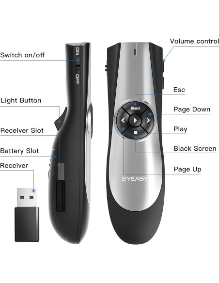 Presentador Inalámbrico BYEASY P5000 con Puntero Láser Rojo