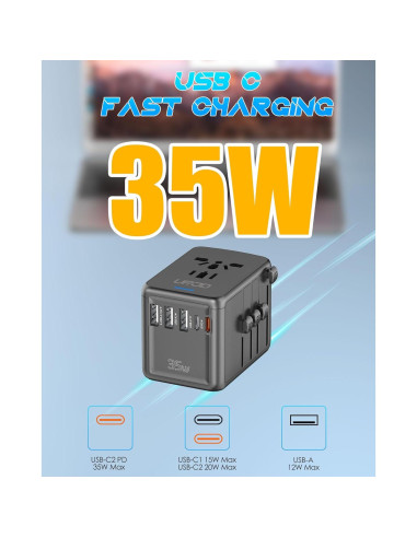 Adaptador de Viaje Universal URJD 35W Carga Rápida 6 Puertos