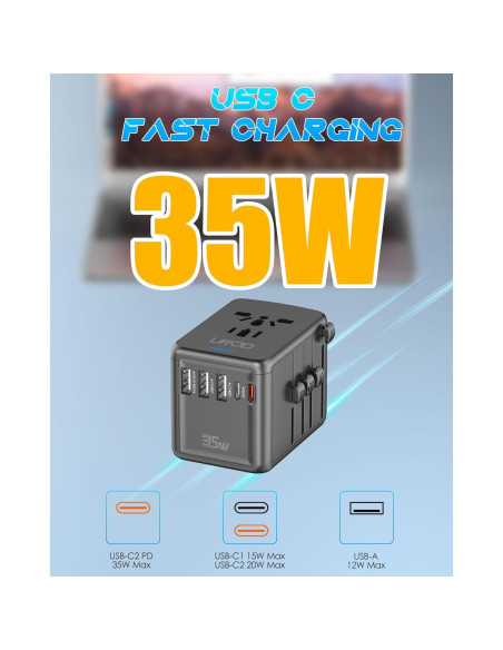 Adaptador de Viaje Universal URJD 35W Carga Rápida 6 Puertos