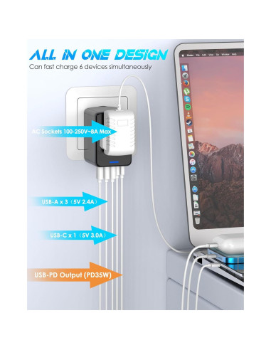 Adaptador de Viaje Universal URJD 35W Carga Rápida 6 Puertos