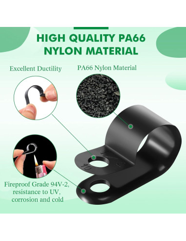 Clips de Cable R Tipo Hicarer 50 Piezas Nylon Negro 1.4 cm