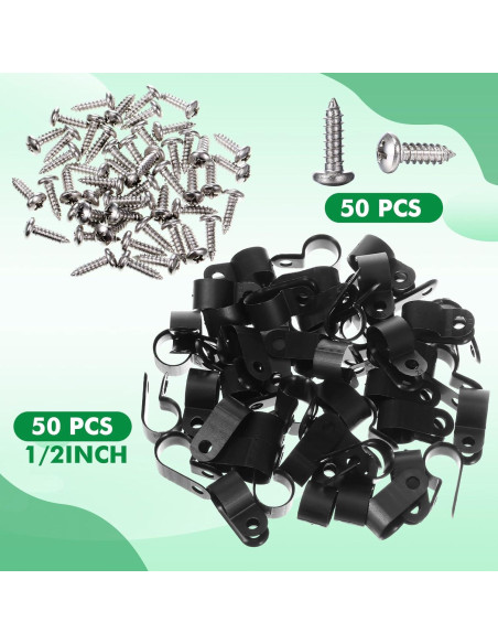Clips de Cable R Tipo Hicarer 50 Piezas Nylon Negro 1.4 cm
