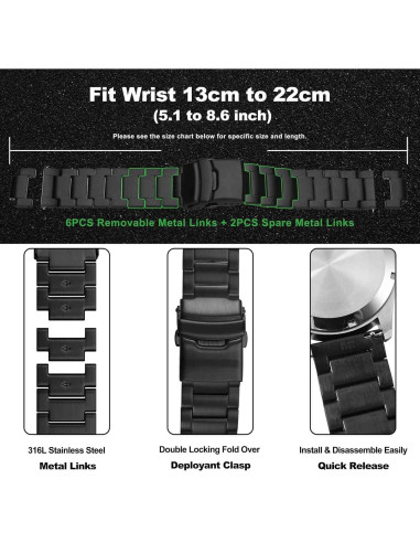 Banda de Reloj de Metal WOCCI 18mm Acero Inoxidable Negro