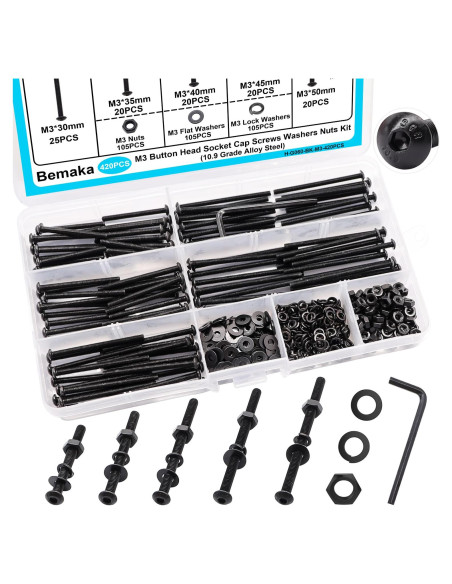 Kit 420PCS Tornillos M3 Hexagonales con Tuercas y Arandelas Bemaka