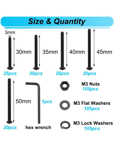 Kit 420PCS Tornillos M3 Hexagonales con Tuercas y Arandelas Bemaka