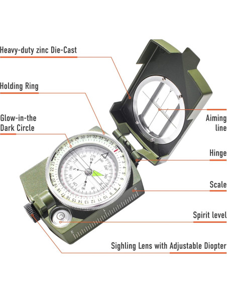 Brújula Militar Lensatic TurnOnSport con Funda - Verde Caqui
