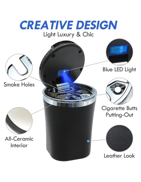 Cenicero de Coche EOCICI con Tapa y Luz LED Azul - Antihumo