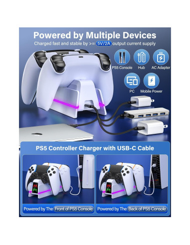 Cargador Rápido PS5 ZRZLMVP con LED 9 Colores y Soporte