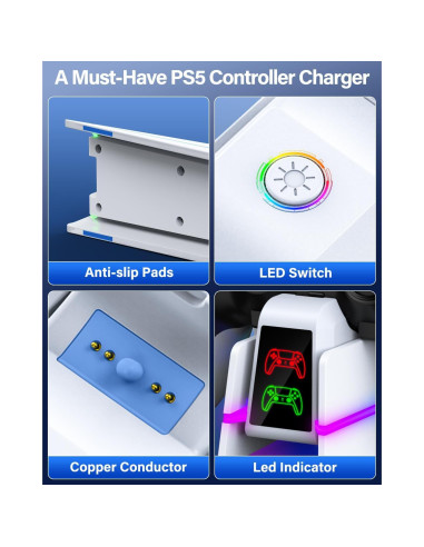 Cargador Rápido PS5 ZRZLMVP con LED 9 Colores y Soporte