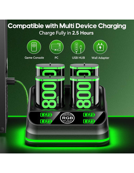Cargador Rysker con 4 Baterías Recargables para Xbox One/S/X