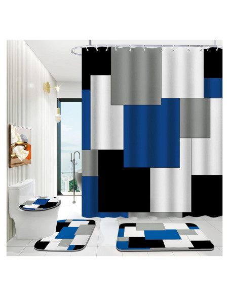 Conjunto de baño 4 piezas ENYORSEL azul con cortina y alfombrillas