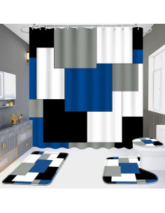 Conjunto de baño 4 piezas ENYORSEL azul con cortina y alfombrillas 2