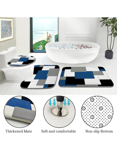 Conjunto de baño 4 piezas ENYORSEL azul con cortina y alfombrillas