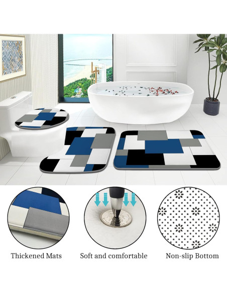 Conjunto de baño 4 piezas ENYORSEL azul con cortina y alfombrillas