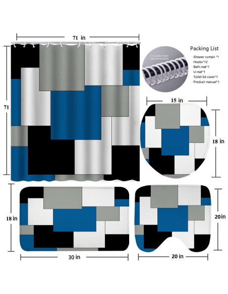 Conjunto de baño 4 piezas ENYORSEL azul con cortina y alfombrillas
