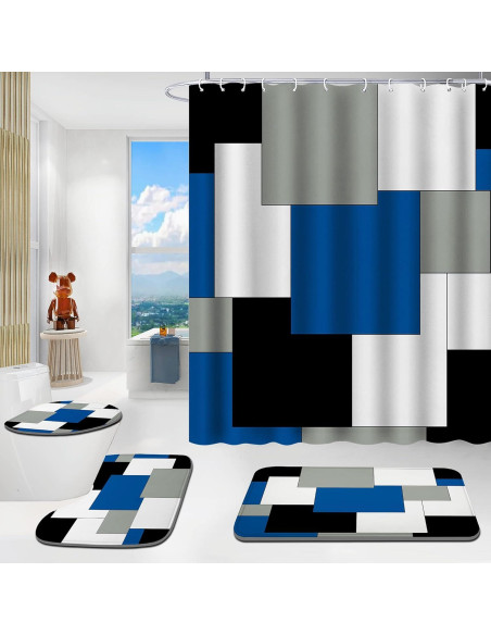 Conjunto de baño 4 piezas ENYORSEL azul con cortina y alfombrillas