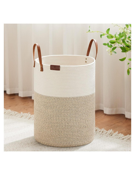 Cesta de Ropa Sucia VIPOSCO 58L Algodón con Asa de Cuero