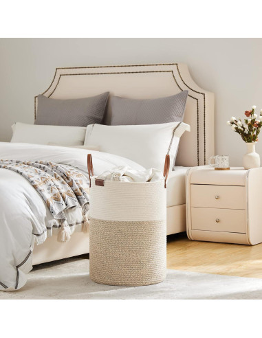 Cesta de Ropa Sucia VIPOSCO 58L Algodón con Asa de Cuero