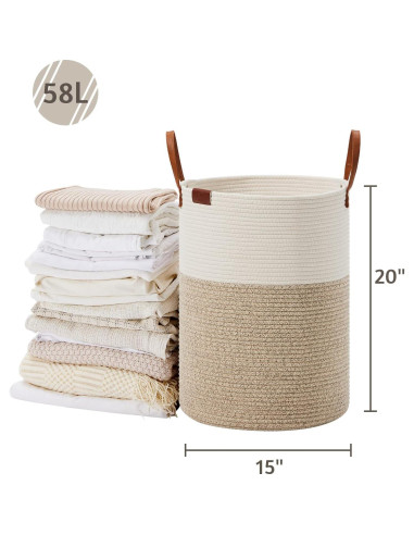 Cesta de Ropa Sucia VIPOSCO 58L Algodón con Asa de Cuero