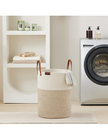 Cesta de Ropa Sucia VIPOSCO 58L Algodón con Asa de Cuero