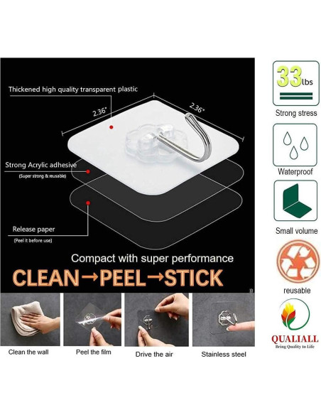 Ganchos Adhesivos de Alta Resistencia QUALIALL - 20 Paquetes, 15kg