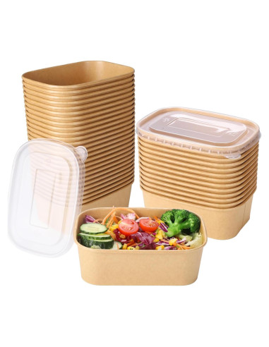 50 Tazones de Papel Kraft 750ml con Tapas Belinlen Desechables