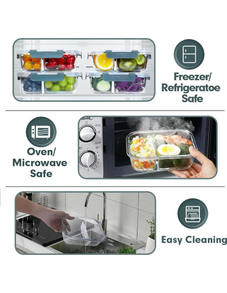 Contenedores de Vidrio VERONES 10 Piezas 30oz 2 Compartimentos Contenedores de Vidrio VERONES 10 Piezas 30oz 2 Compartimentos